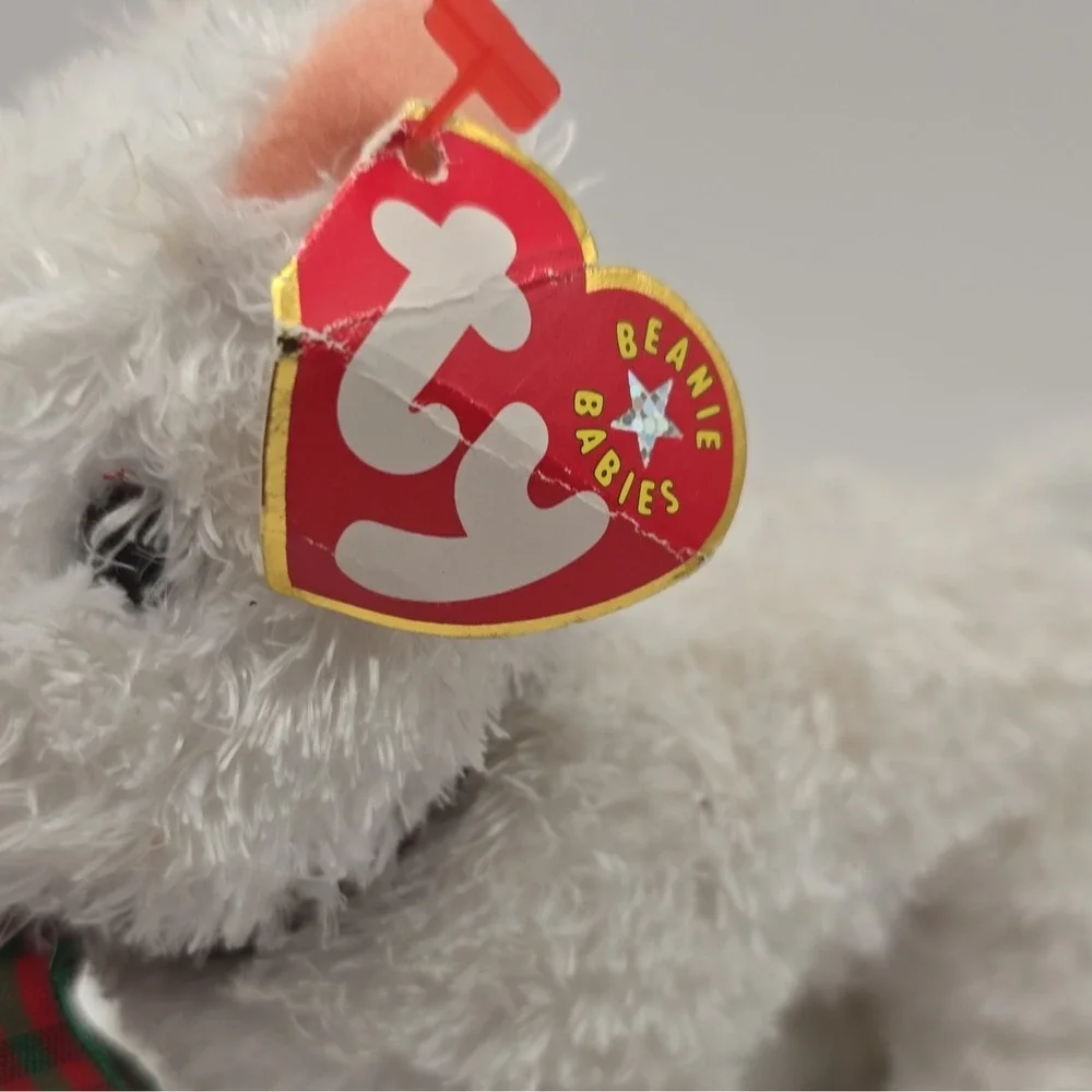 Ty Beanie Babies Kirby White Cat Beanbag Plush w/ Plaid Ribbon 2001